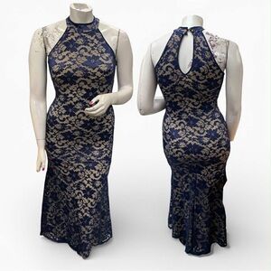 Emerald Sundae Navy and Cream Asymmetrical Lace Dress Size L